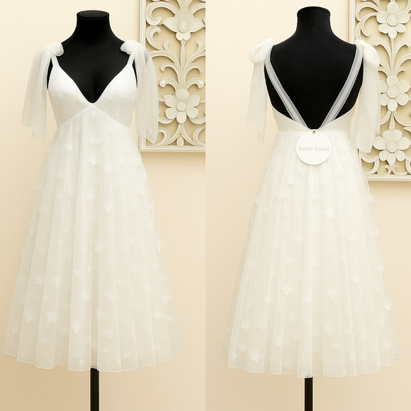 Selfie Leslie XS Tulle Midi Bow Back Romantic ALine Cocktail Wedding Guest Dress - Picture 1 of 16